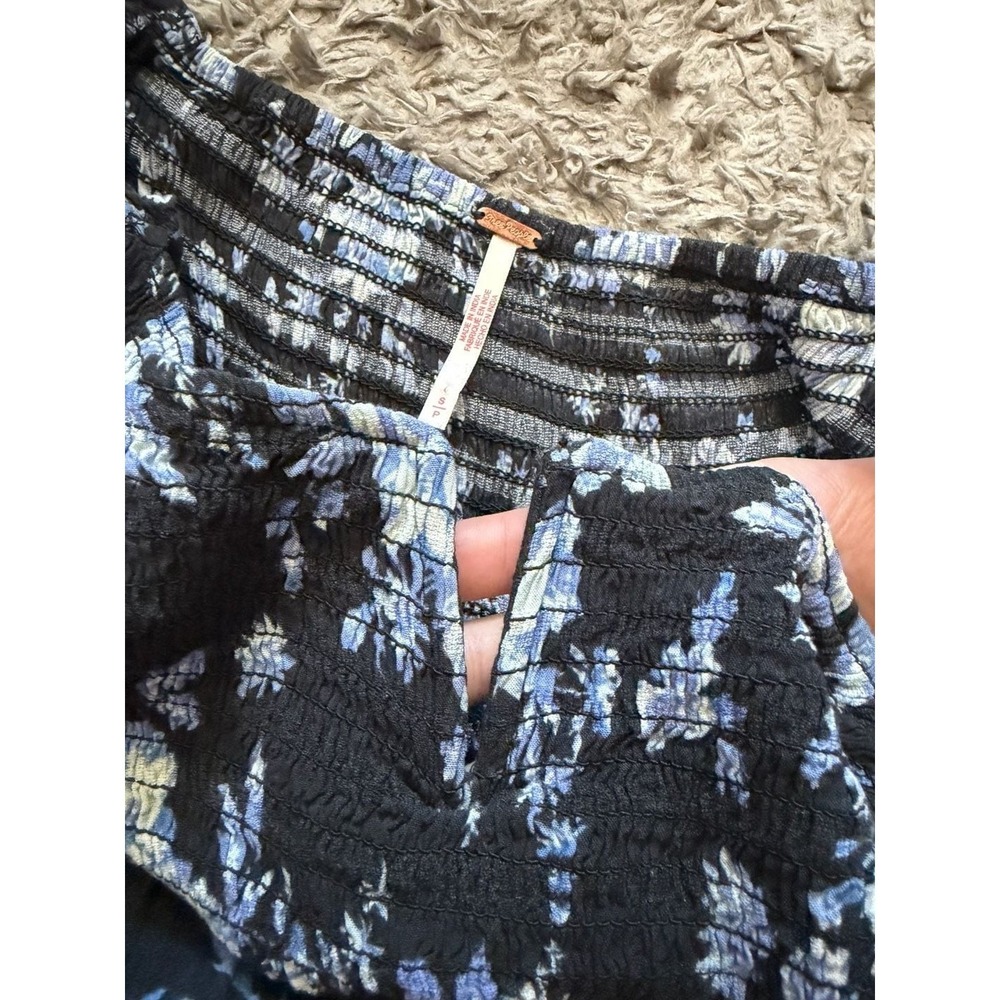 Free People Black Blue Floral Smocked Midi Dress Square Neck Side Slit Small - Picture 8 of 11